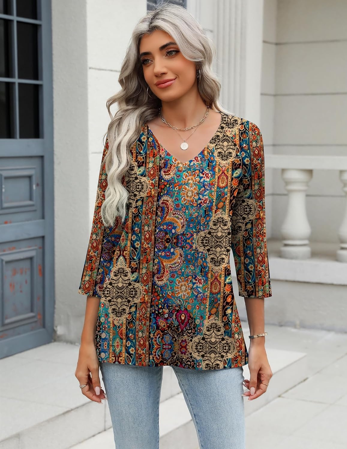 image:imageZeagoo 34 Length Sleeve Womens Tops Casual V Neck Shirts Soft Basic TeesBrown Bohemian