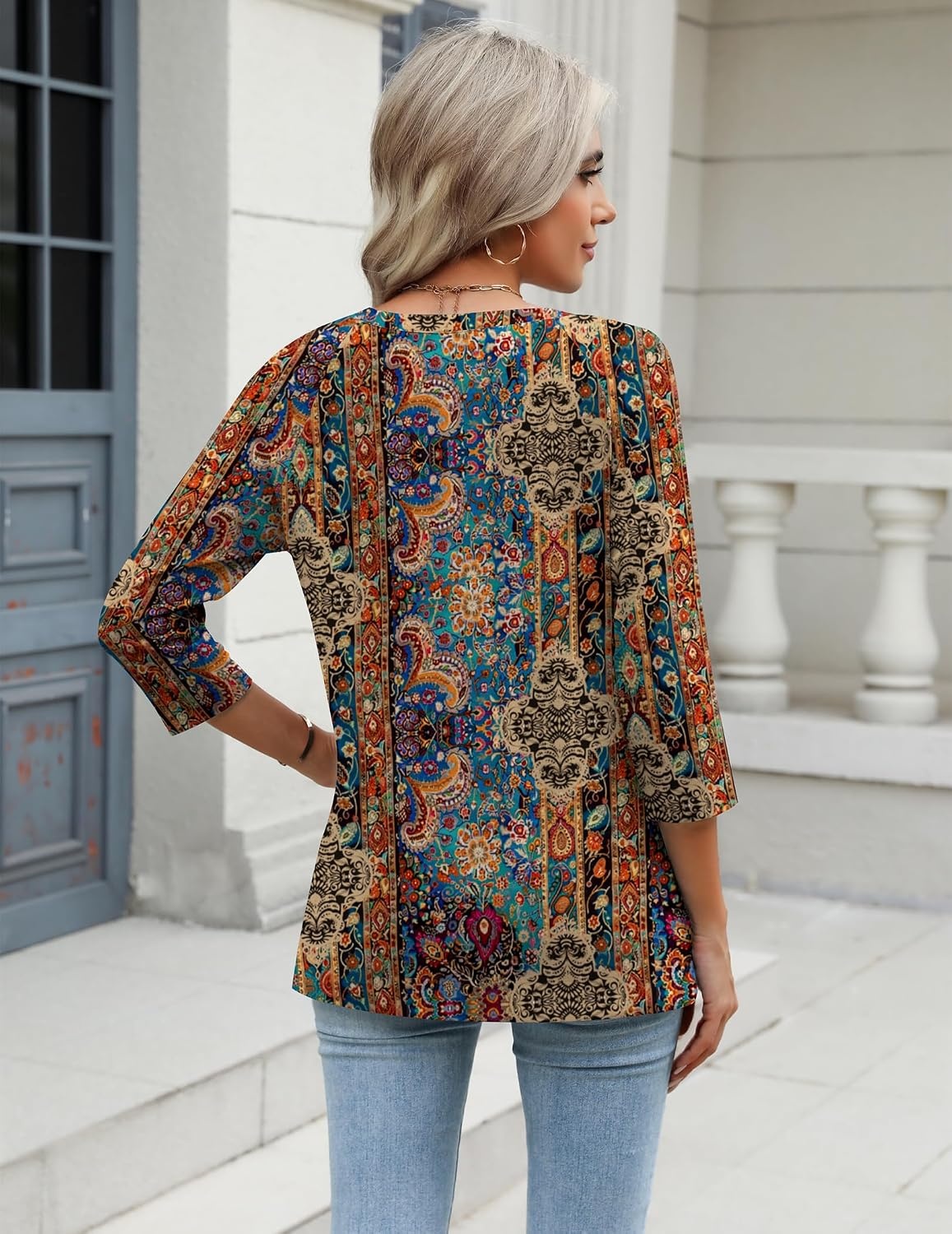 image:imageZeagoo 34 Length Sleeve Womens Tops Casual V Neck Shirts Soft Basic TeesBrown Bohemian