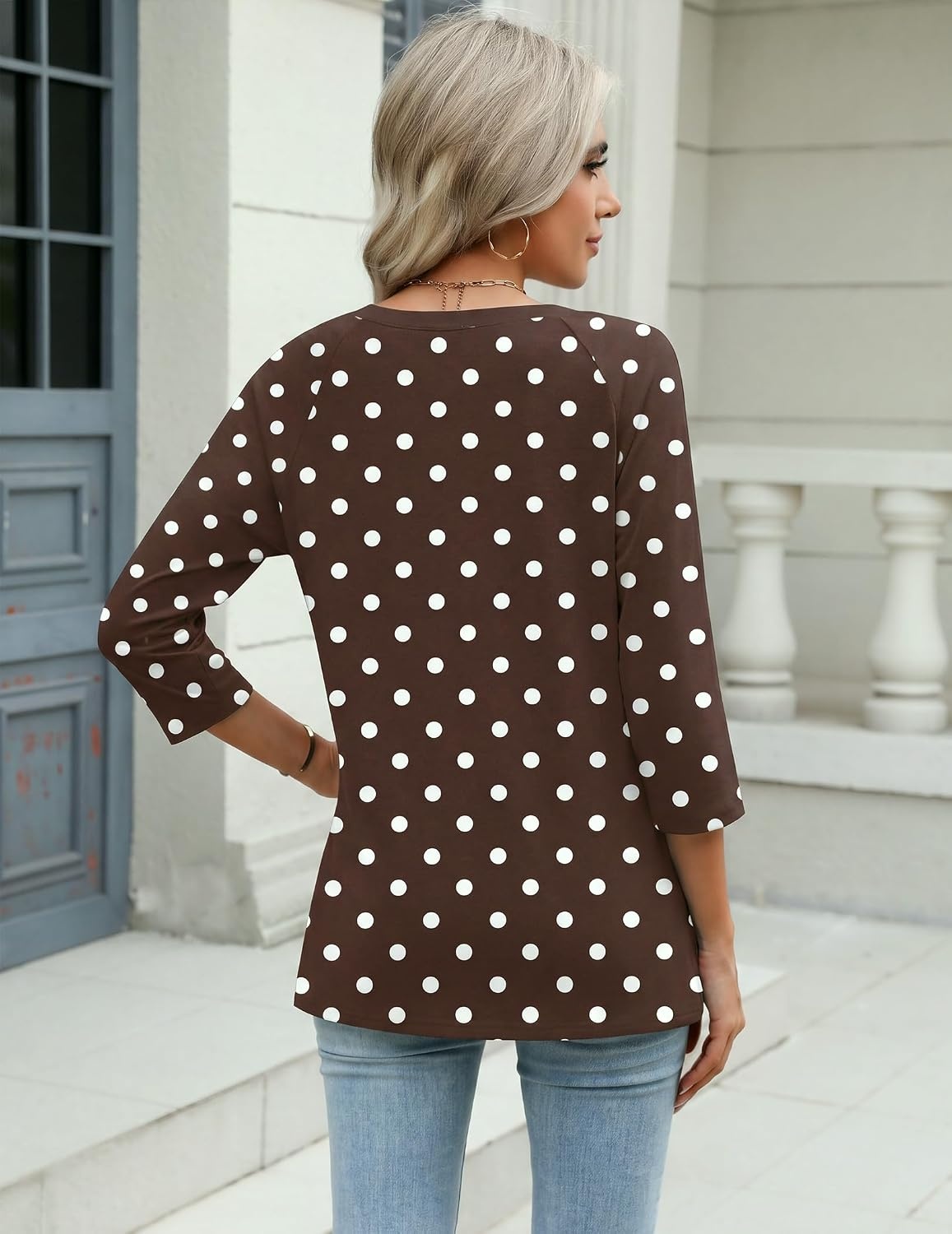 image:imageZeagoo 34 Length Sleeve Womens Tops Casual V Neck Shirts Soft Basic TeesBrown Polka Dot