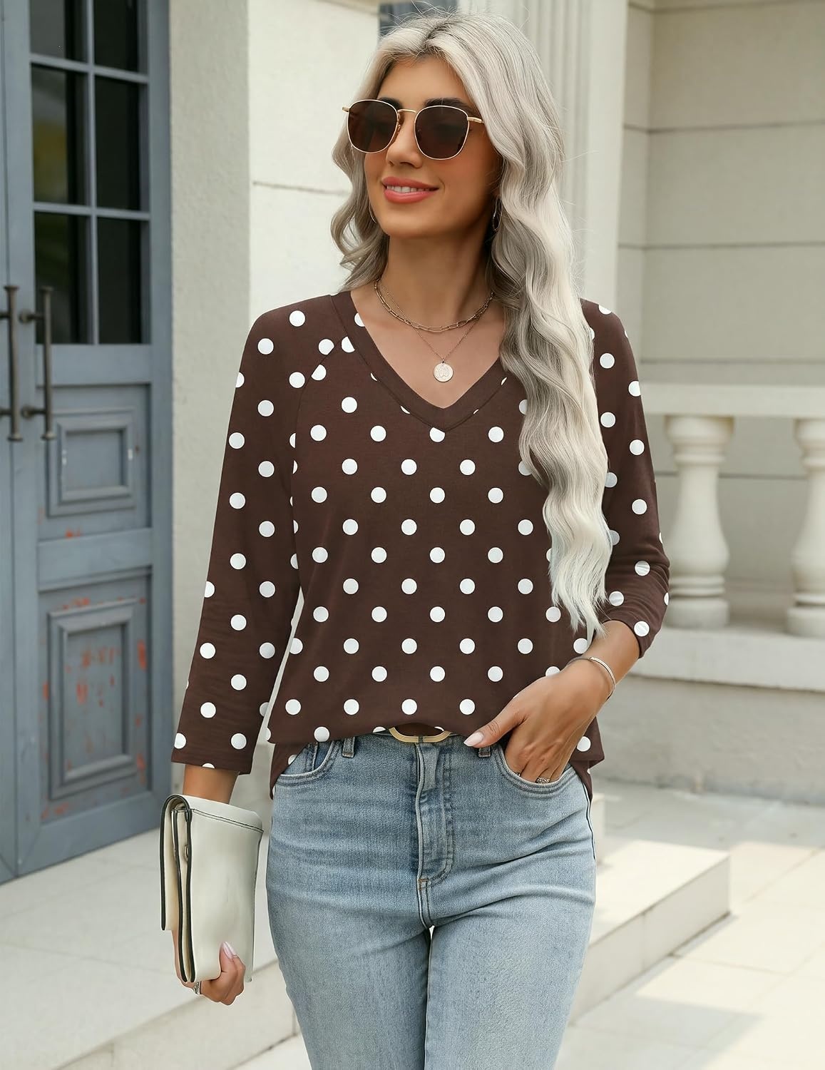 image:imageZeagoo 34 Length Sleeve Womens Tops Casual V Neck Shirts Soft Basic TeesBrown Polka Dot