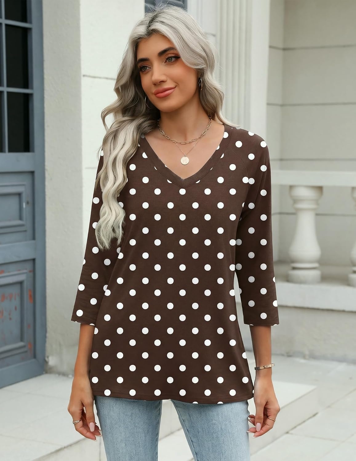 image:imageZeagoo 34 Length Sleeve Womens Tops Casual V Neck Shirts Soft Basic TeesBrown Polka Dot