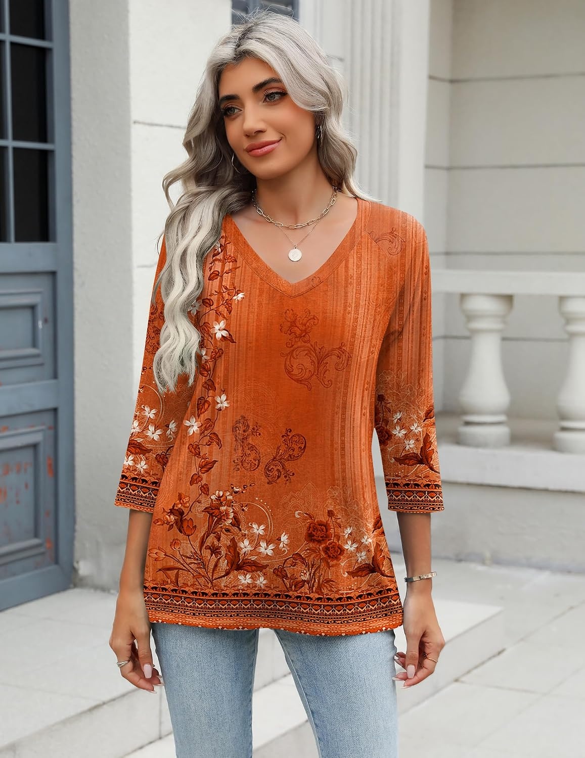 image:imageZeagoo 34 Length Sleeve Womens Tops Casual V Neck Shirts Soft Basic TeesCaremel Print
