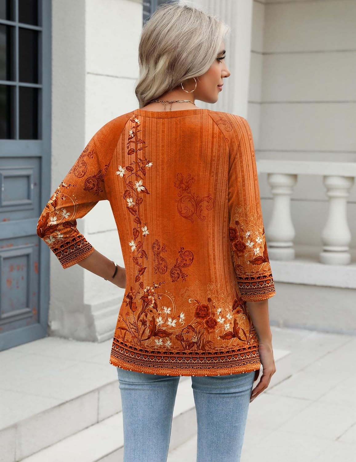 image:imageZeagoo 34 Length Sleeve Womens Tops Casual V Neck Shirts Soft Basic TeesCaremel Print