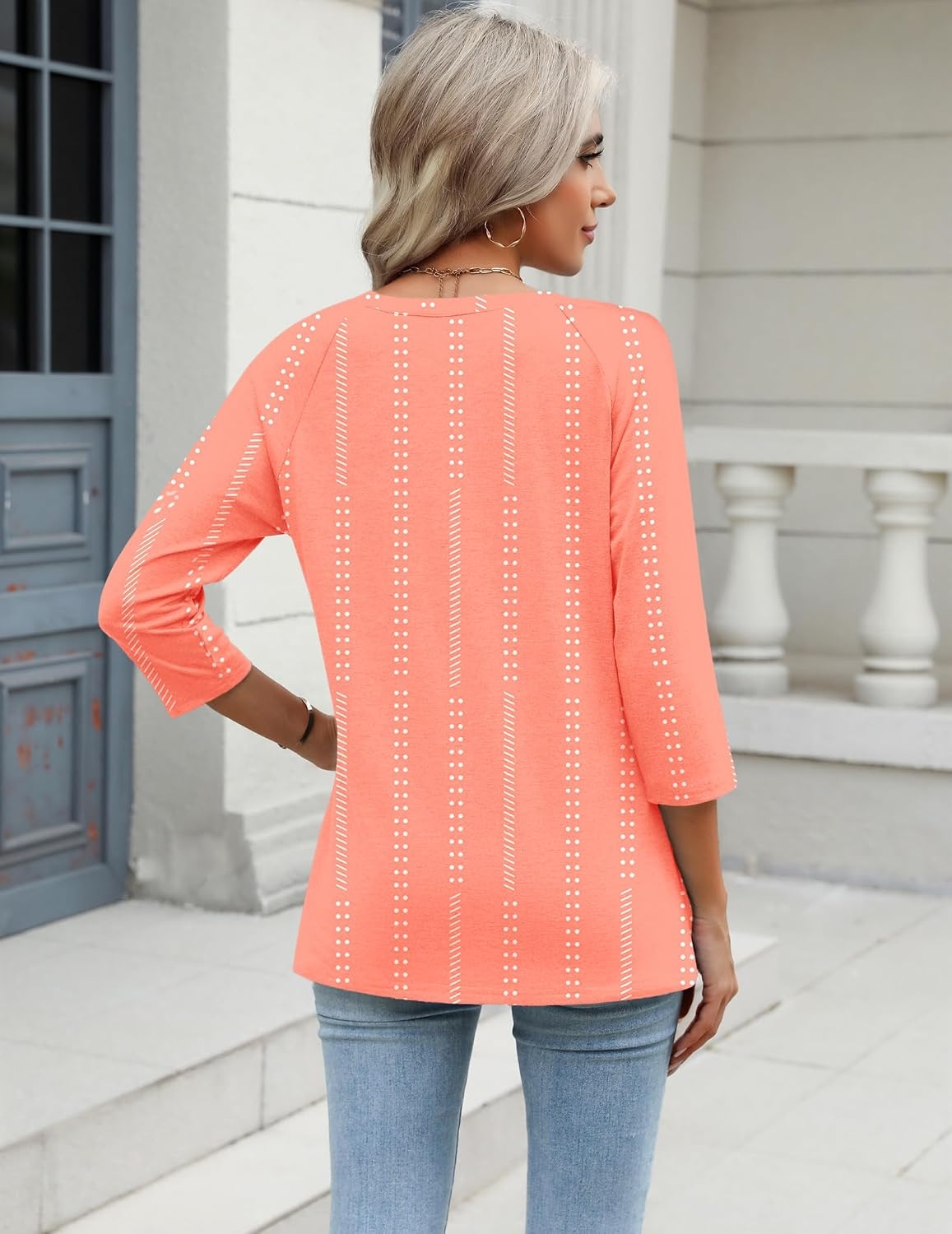 image:imageZeagoo 34 Length Sleeve Womens Tops Casual V Neck Shirts Soft Basic TeesCoral Polka Dot
