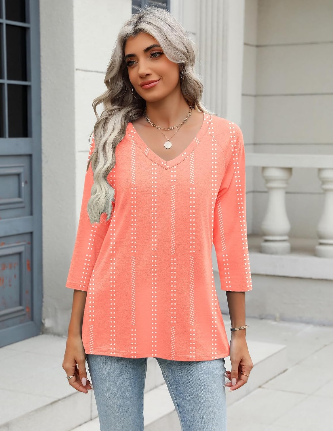 image:imageZeagoo 34 Length Sleeve Womens Tops Casual V Neck Shirts Soft Basic TeesCoral Polka Dot