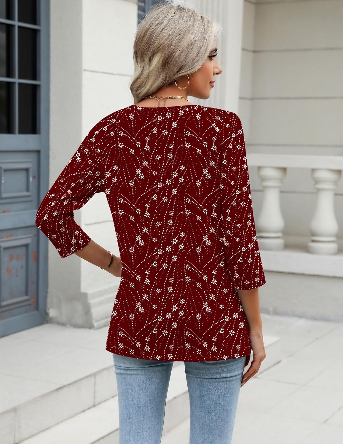 image:imageZeagoo 34 Length Sleeve Womens Tops Casual V Neck Shirts Soft Basic TeesFloral Red