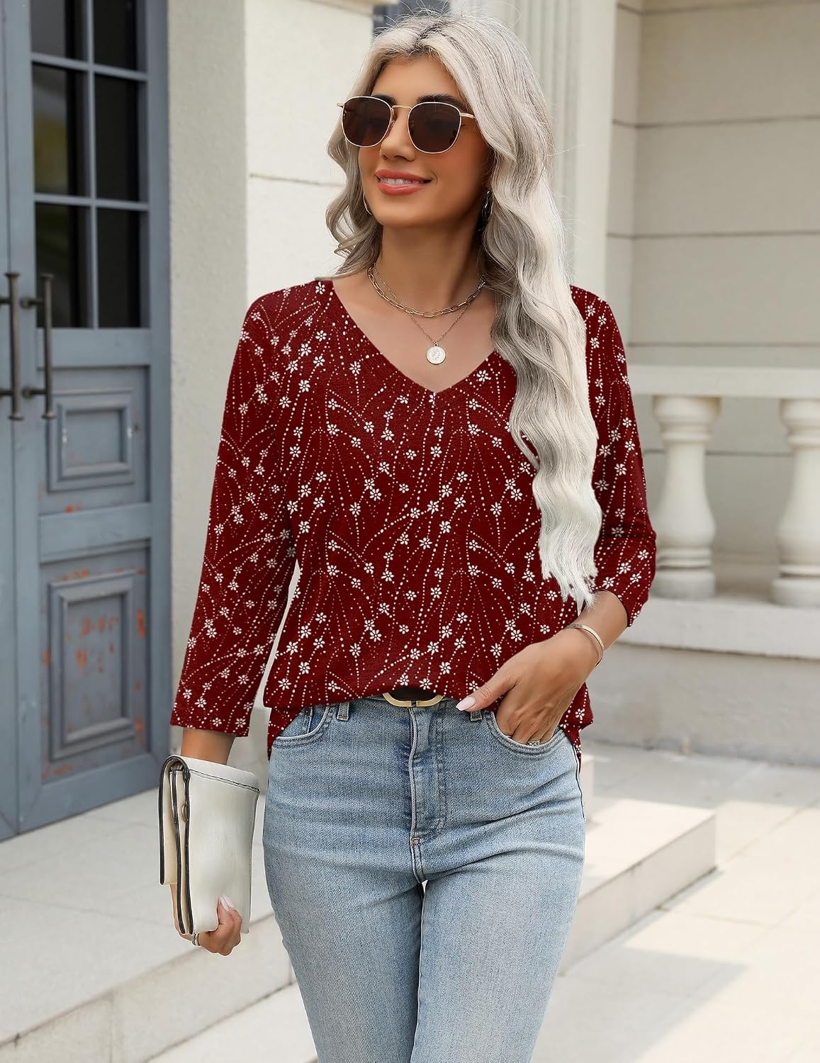image:imageZeagoo 34 Length Sleeve Womens Tops Casual V Neck Shirts Soft Basic TeesFloral Red