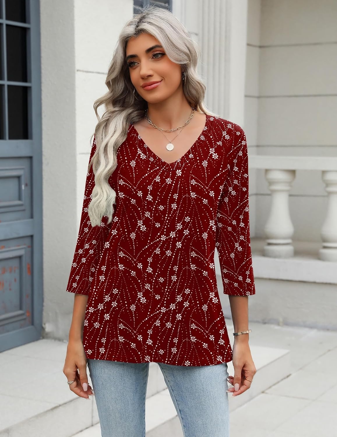 image:imageZeagoo 34 Length Sleeve Womens Tops Casual V Neck Shirts Soft Basic TeesFloral Red