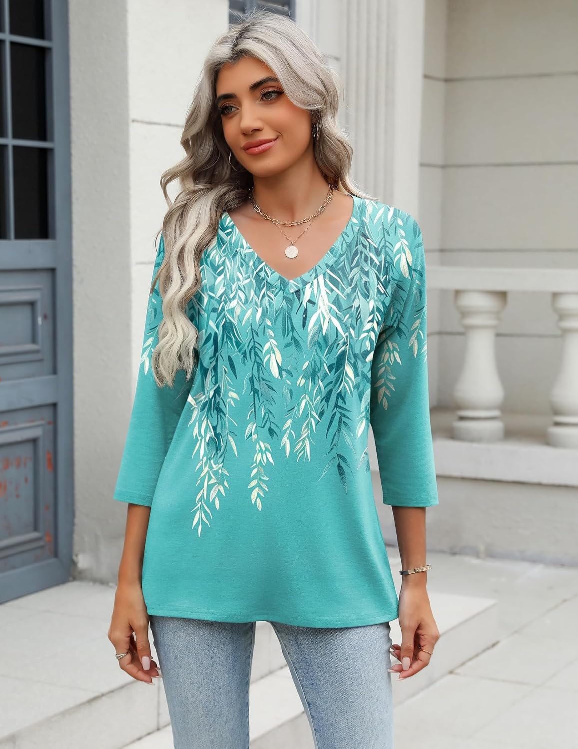 image:imageZeagoo 34 Length Sleeve Womens Tops Casual V Neck Shirts Soft Basic TeesGreenfp18
