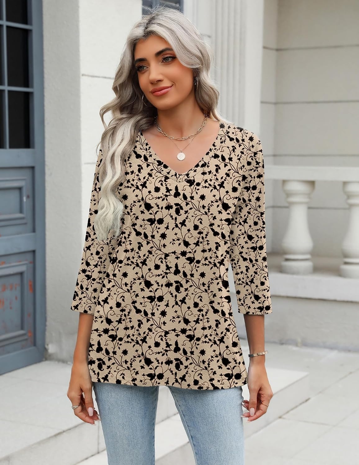 image:imageZeagoo 34 Length Sleeve Womens Tops Casual V Neck Shirts Soft Basic TeesKhaki Floral