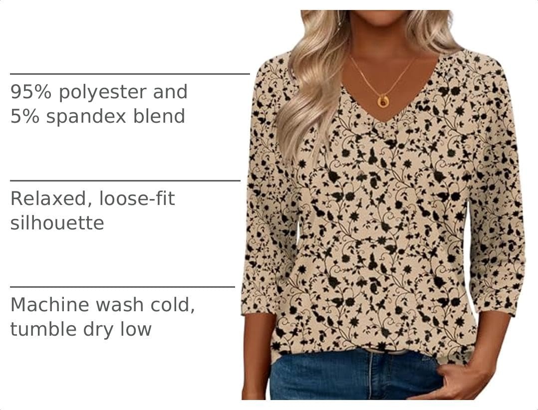 image:imageZeagoo 34 Length Sleeve Womens Tops Casual V Neck Shirts Soft Basic TeesKhaki Floral