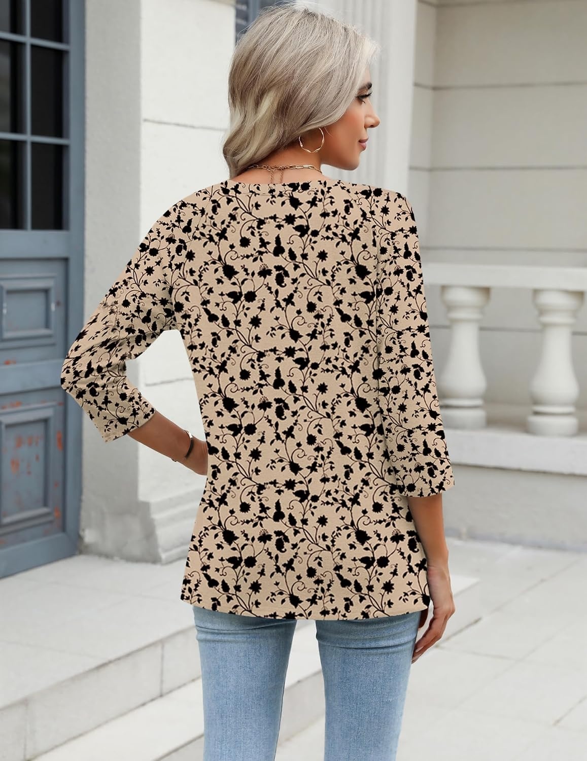 image:imageZeagoo 34 Length Sleeve Womens Tops Casual V Neck Shirts Soft Basic TeesKhaki Floral