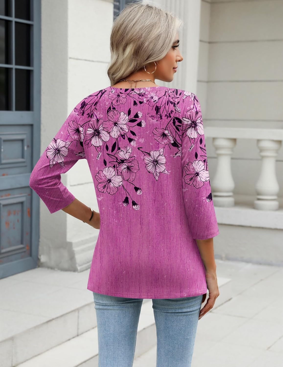 image:imageZeagoo 34 Length Sleeve Womens Tops Casual V Neck Shirts Soft Basic TeesLight Magenta