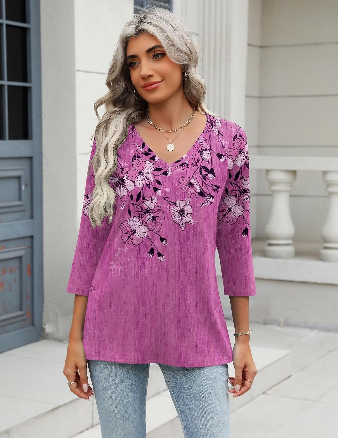 image:imageZeagoo 34 Length Sleeve Womens Tops Casual V Neck Shirts Soft Basic TeesLight Magenta