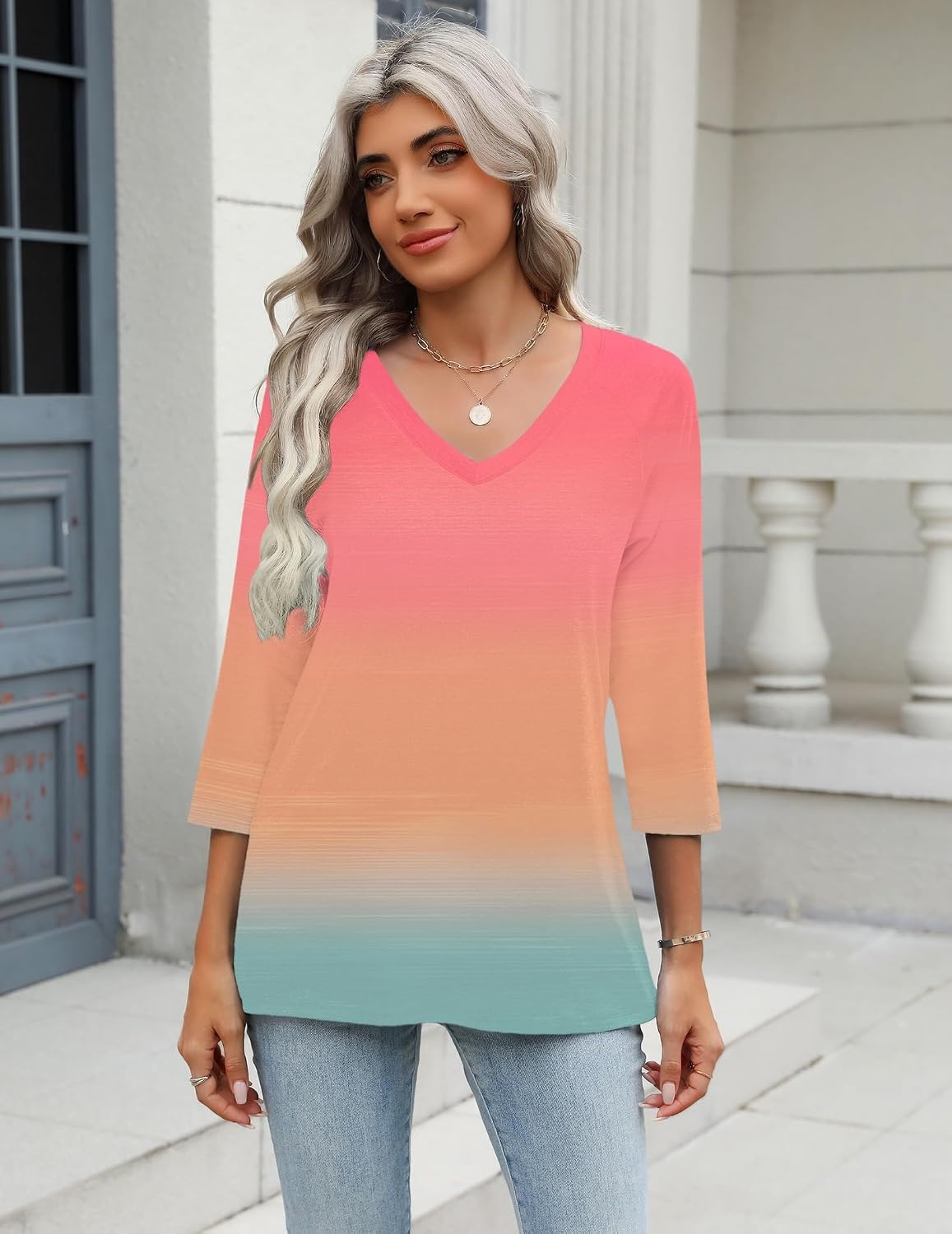 image:imageZeagoo 34 Length Sleeve Womens Tops Casual V Neck Shirts Soft Basic TeesMulticoloured