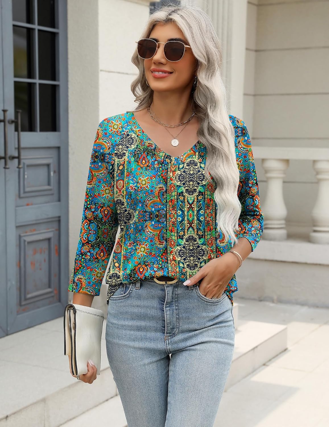 image:imageZeagoo 34 Length Sleeve Womens Tops Casual V Neck Shirts Soft Basic TeesMz779
