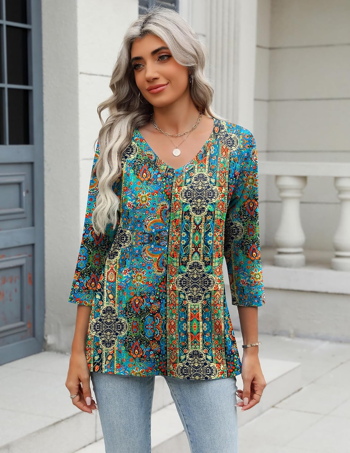image:imageZeagoo 34 Length Sleeve Womens Tops Casual V Neck Shirts Soft Basic TeesMz779