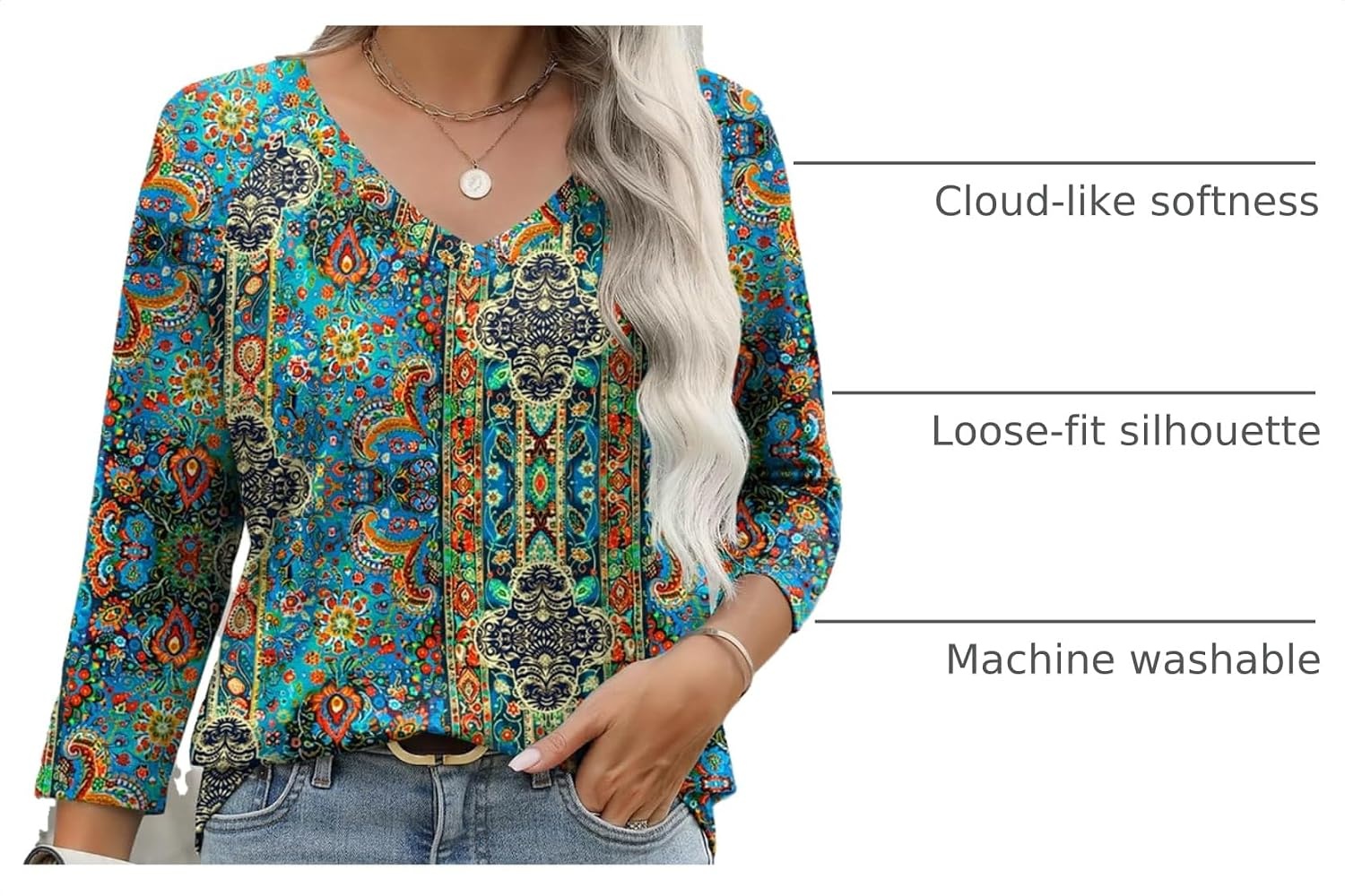 image:imageZeagoo 34 Length Sleeve Womens Tops Casual V Neck Shirts Soft Basic TeesMz779