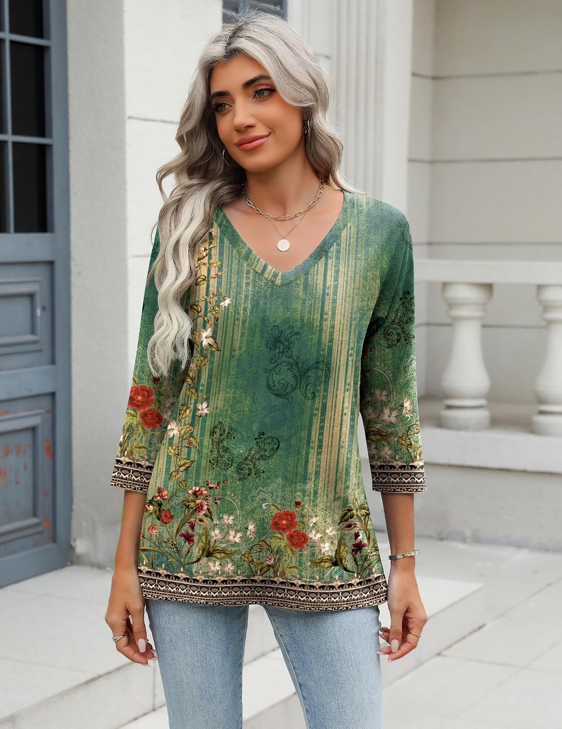 image:imageZeagoo 34 Length Sleeve Womens Tops Casual V Neck Shirts Soft Basic TeesMz839