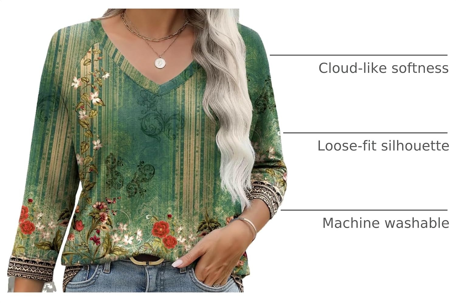 image:imageZeagoo 34 Length Sleeve Womens Tops Casual V Neck Shirts Soft Basic TeesMz839