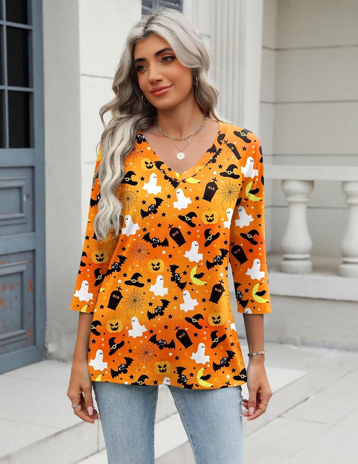 image:imageZeagoo 34 Length Sleeve Womens Tops Casual V Neck Shirts Soft Basic TeesOrange Halloween
