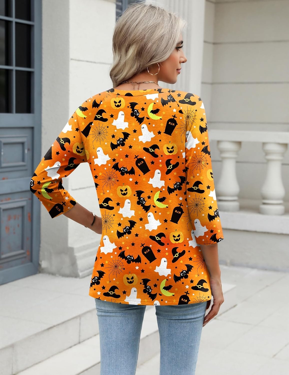 image:imageZeagoo 34 Length Sleeve Womens Tops Casual V Neck Shirts Soft Basic TeesOrange Halloween