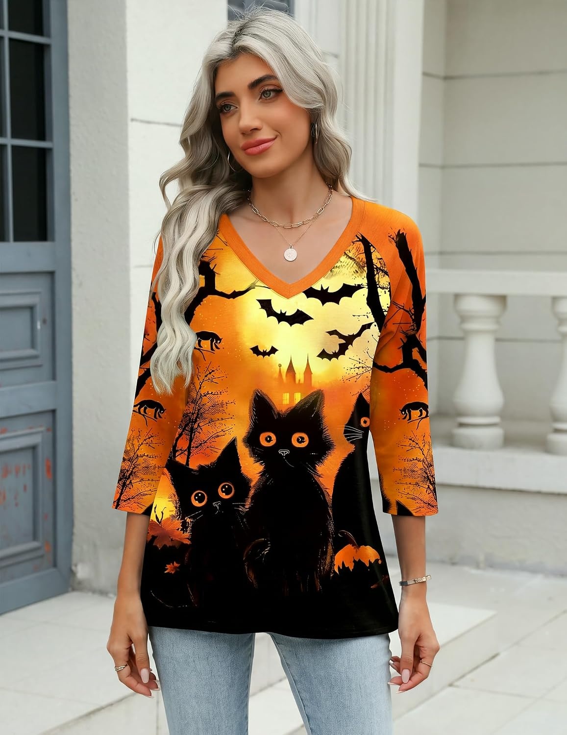 image:imageZeagoo 34 Length Sleeve Womens Tops Casual V Neck Shirts Soft Basic TeesOrange Pumpkin Black Cat
