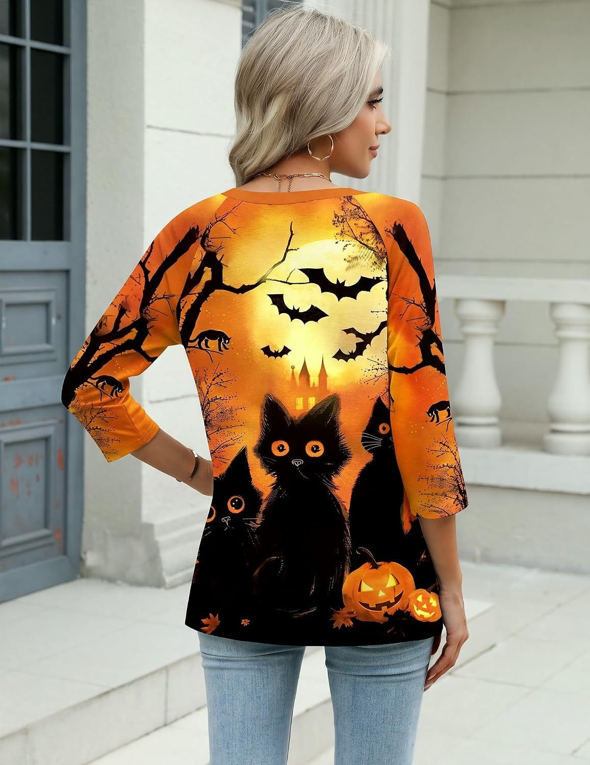 image:imageZeagoo 34 Length Sleeve Womens Tops Casual V Neck Shirts Soft Basic TeesOrange Pumpkin Black Cat