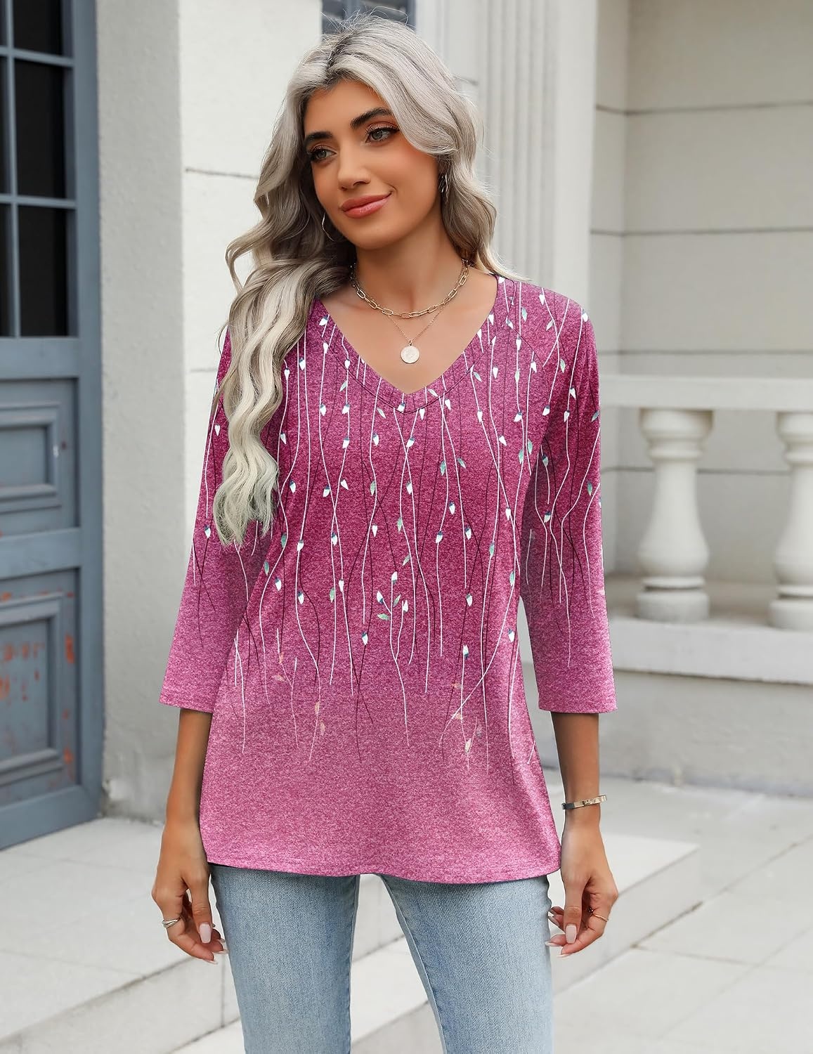 image:imageZeagoo 34 Length Sleeve Womens Tops Casual V Neck Shirts Soft Basic TeesPinkxh370
