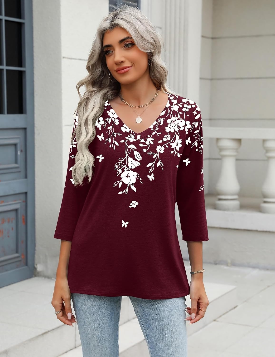 image:imageZeagoo 34 Length Sleeve Womens Tops Casual V Neck Shirts Soft Basic TeesRed Floral