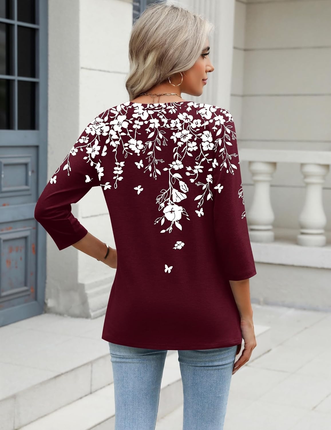 image:imageZeagoo 34 Length Sleeve Womens Tops Casual V Neck Shirts Soft Basic TeesRed Floral