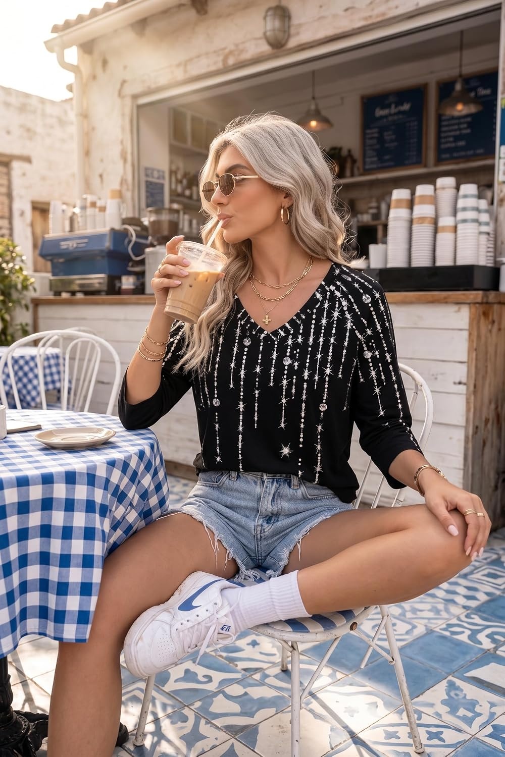 image:imageZeagoo 34 Length Sleeve Womens Tops Casual V Neck Shirts Soft Basic TeesShiny Diamond