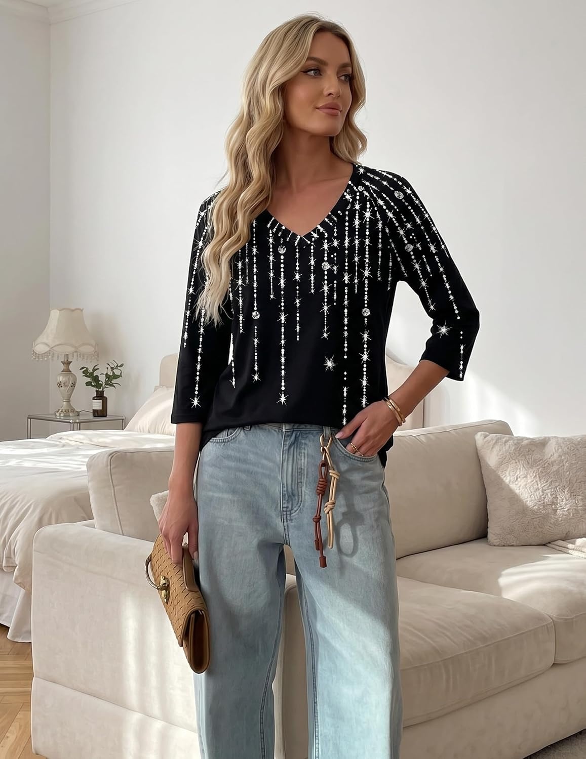 image:imageZeagoo 34 Length Sleeve Womens Tops Casual V Neck Shirts Soft Basic TeesShiny Diamond