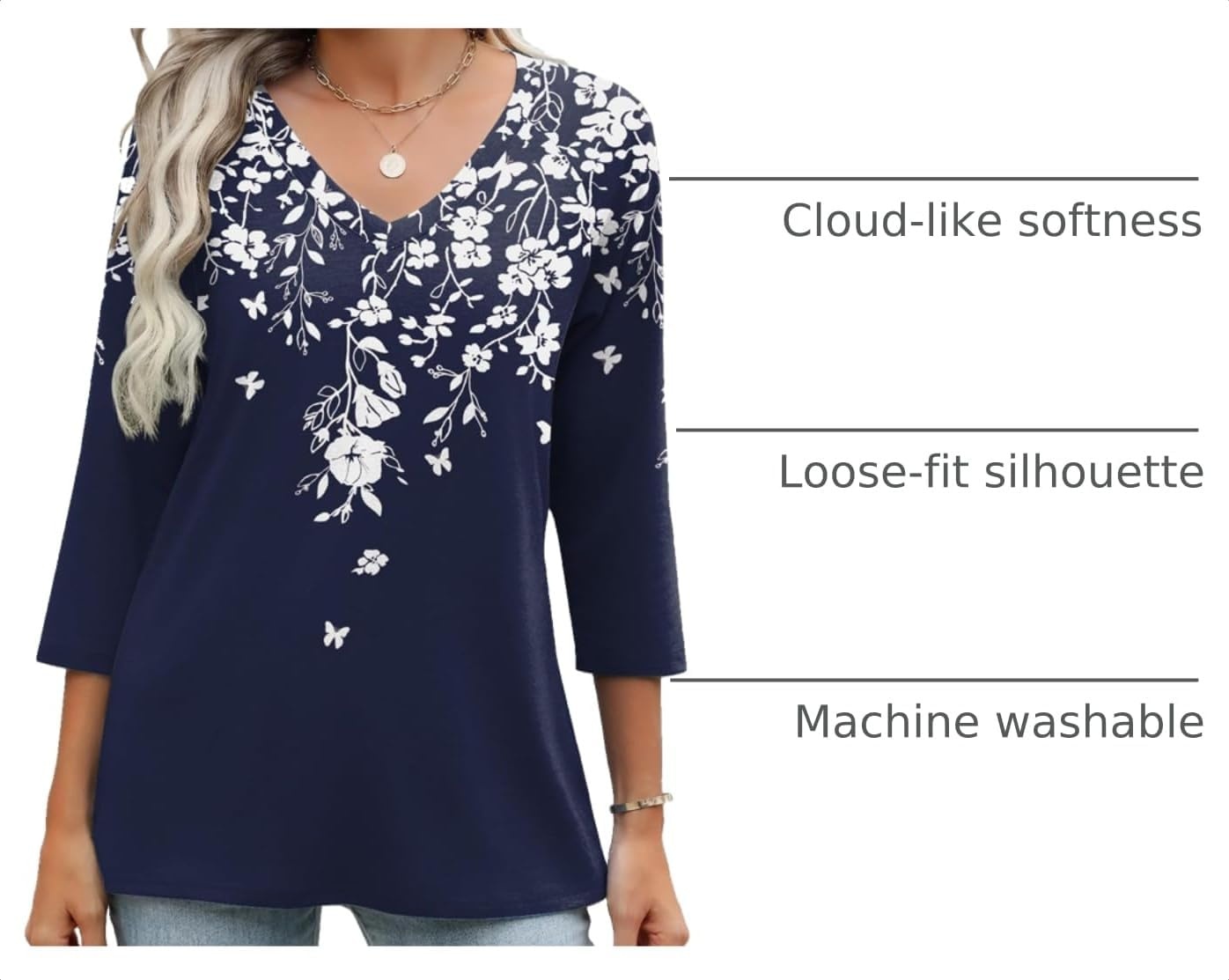 image:imageZeagoo 34 Length Sleeve Womens Tops Casual V Neck Shirts Soft Basic TeesWhite Flowersf103