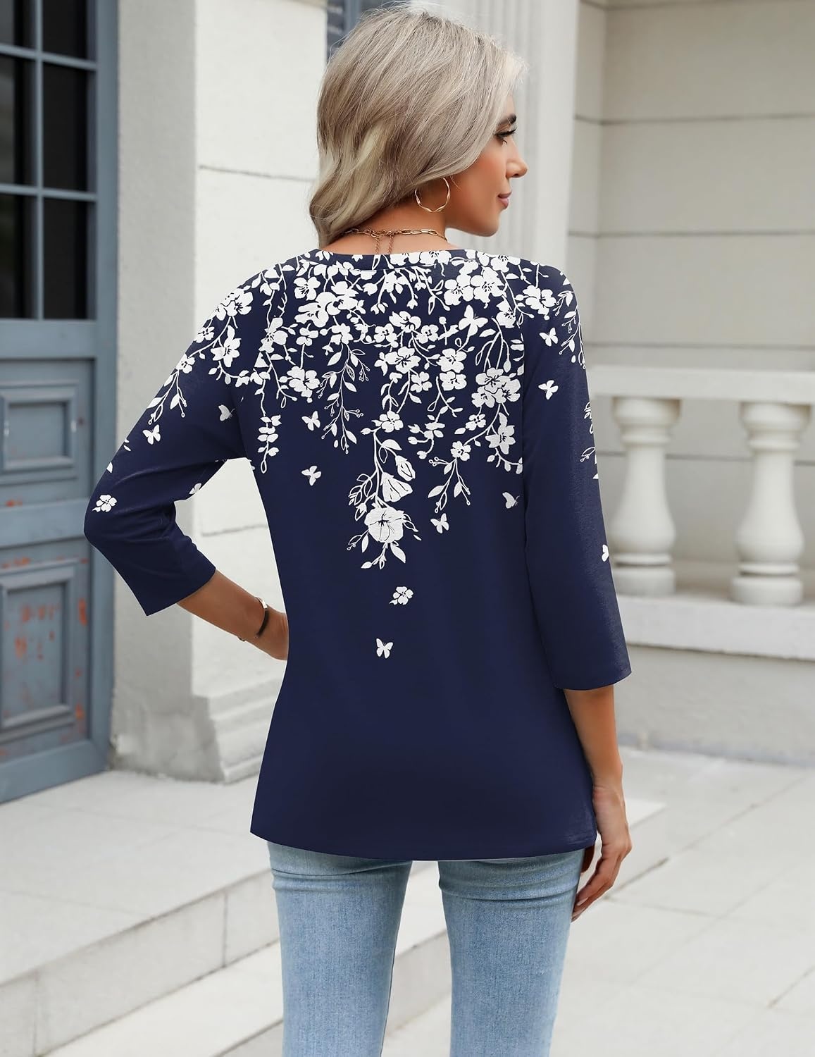 image:imageZeagoo 34 Length Sleeve Womens Tops Casual V Neck Shirts Soft Basic TeesWhite Flowersf103