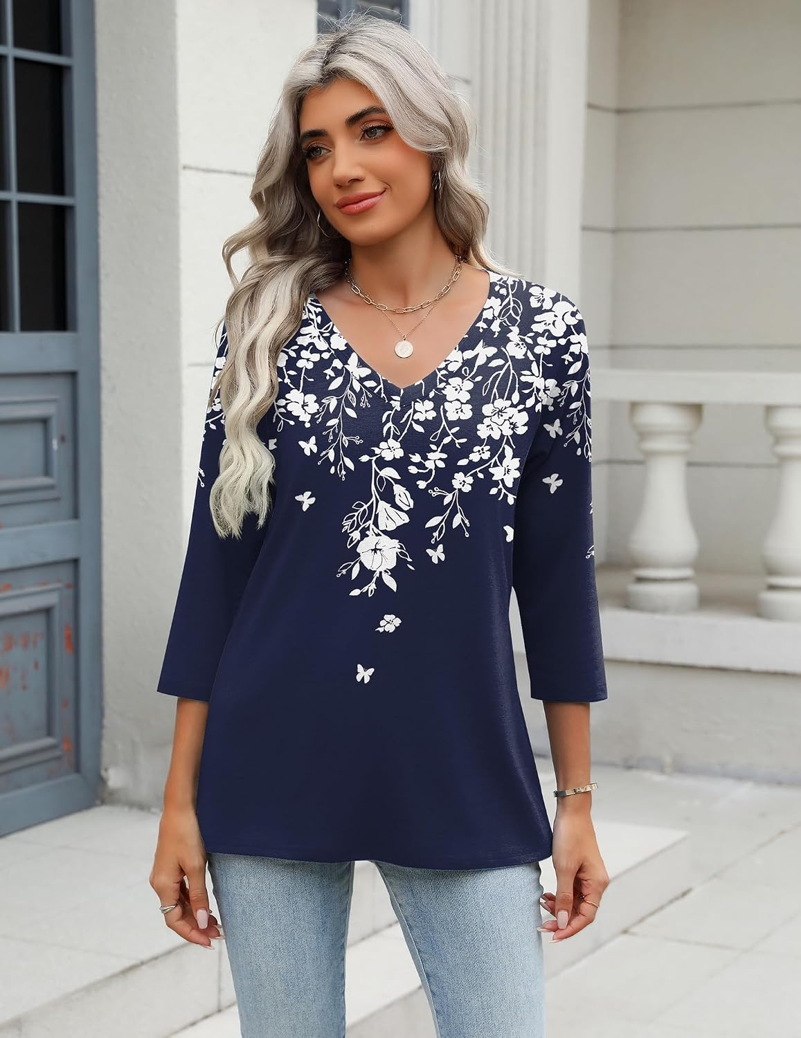 image:imageZeagoo 34 Length Sleeve Womens Tops Casual V Neck Shirts Soft Basic TeesWhite Flowersf103
