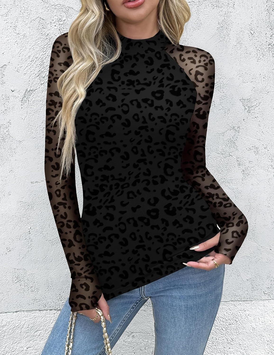 image:imageZeagoo Long Sleeve Shirts for Women Sheer Mesh Top Mock Neck Fitted BlousesAn59