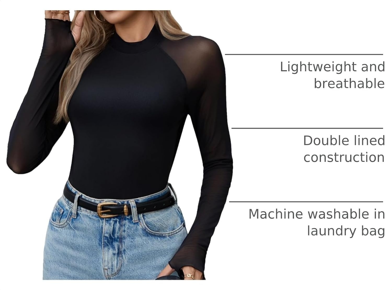image:imageZeagoo Long Sleeve Shirts for Women Sheer Mesh Top Mock Neck Fitted BlousesBlack