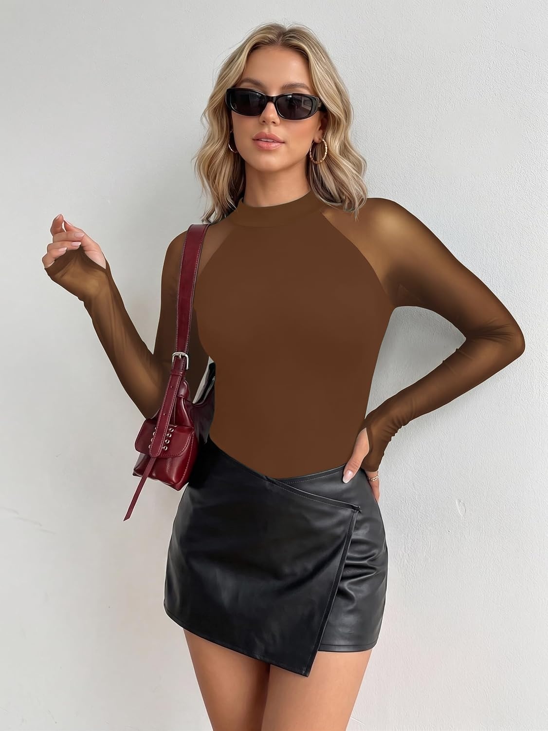 image:imageZeagoo Long Sleeve Shirts for Women Sheer Mesh Top Mock Neck Fitted BlousesBrown