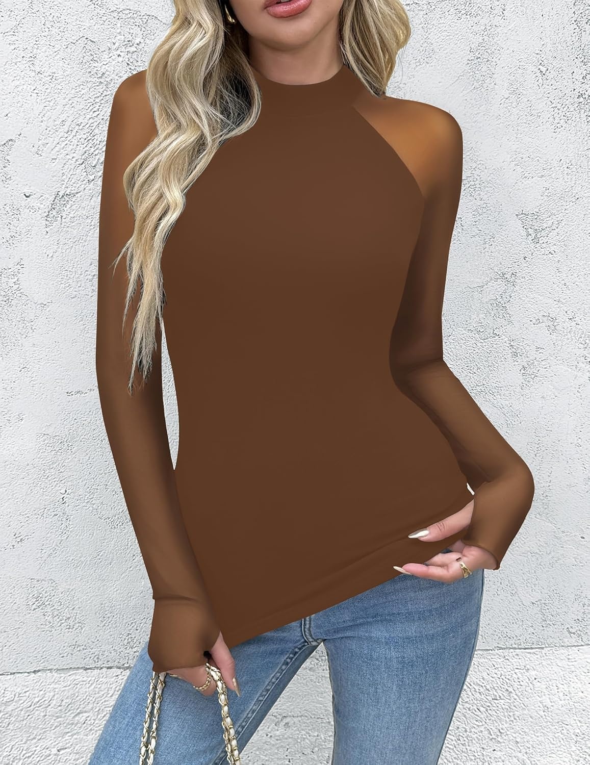image:imageZeagoo Long Sleeve Shirts for Women Sheer Mesh Top Mock Neck Fitted BlousesBrown