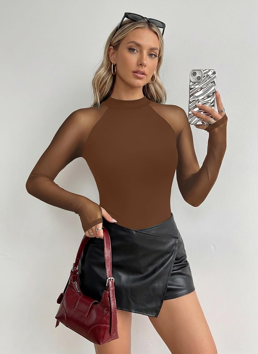 image:imageZeagoo Long Sleeve Shirts for Women Sheer Mesh Top Mock Neck Fitted BlousesBrown