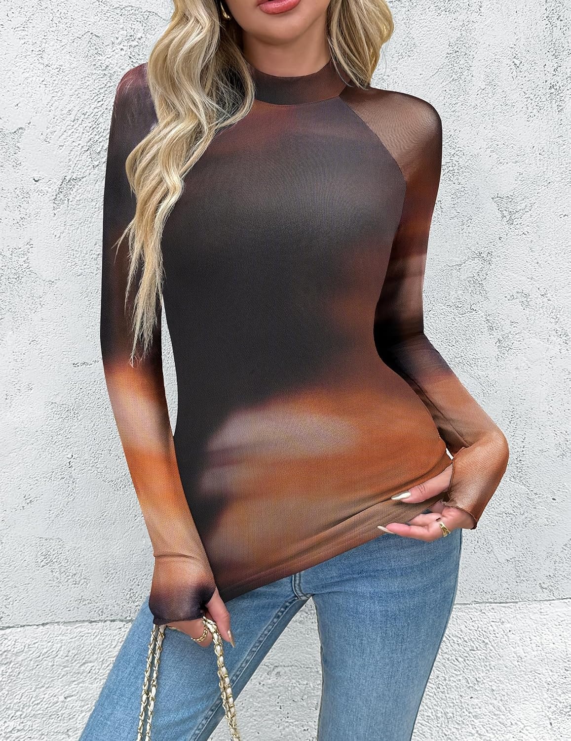 image:imageZeagoo Long Sleeve Shirts for Women Sheer Mesh Top Mock Neck Fitted BlousesCx292