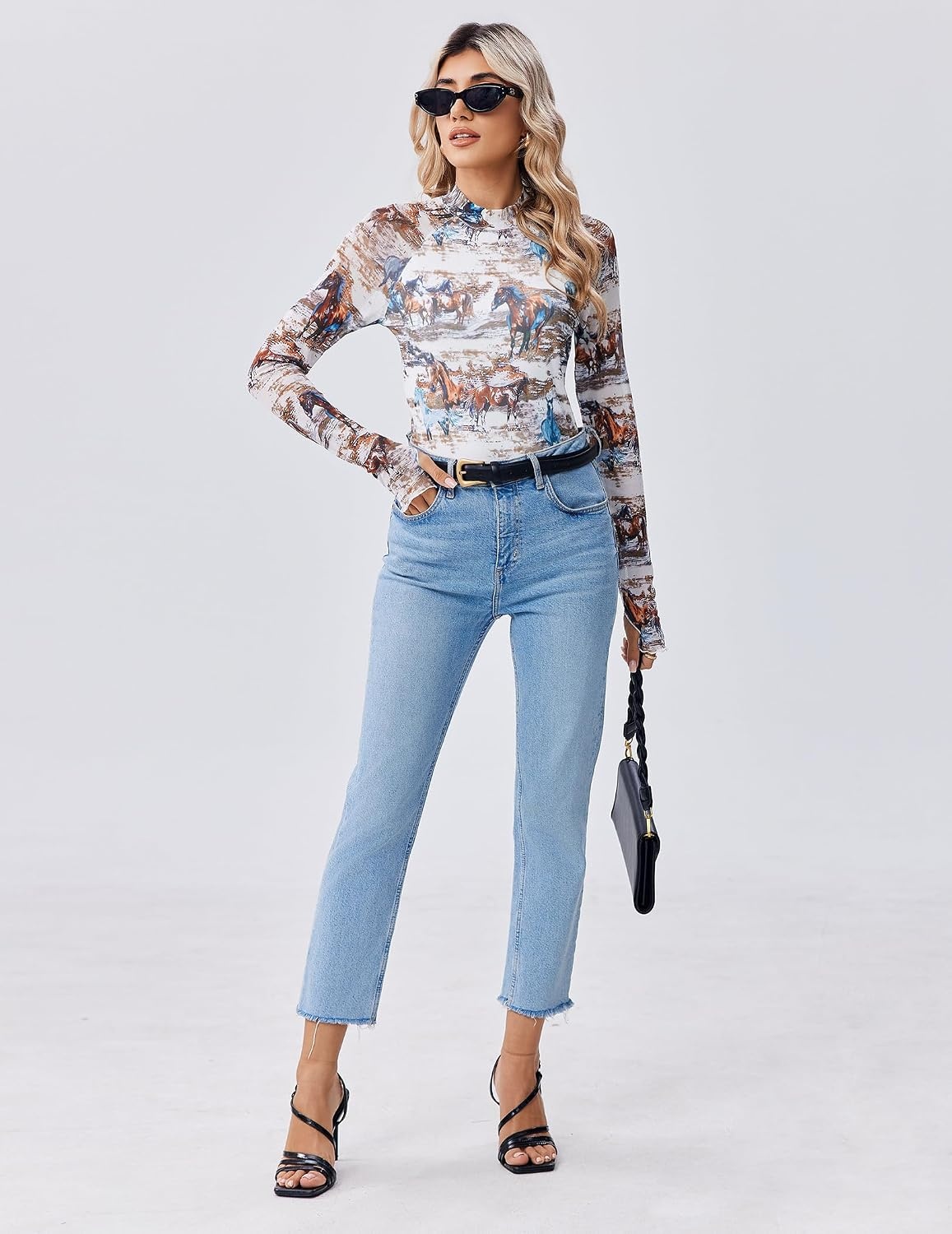 image:imageZeagoo Long Sleeve Shirts for Women Sheer Mesh Top Mock Neck Fitted BlousesDw137