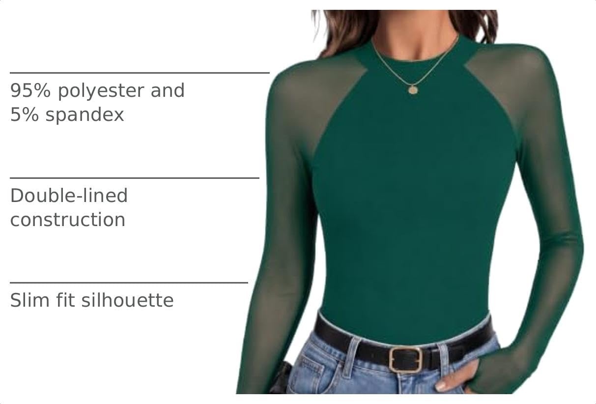 image:imageZeagoo Long Sleeve Shirts for Women Sheer Mesh Top Mock Neck Fitted BlousesGreen