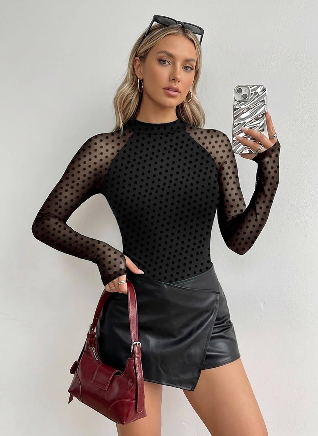 image:imageZeagoo Long Sleeve Shirts for Women Sheer Mesh Top Mock Neck Fitted BlousesJh723