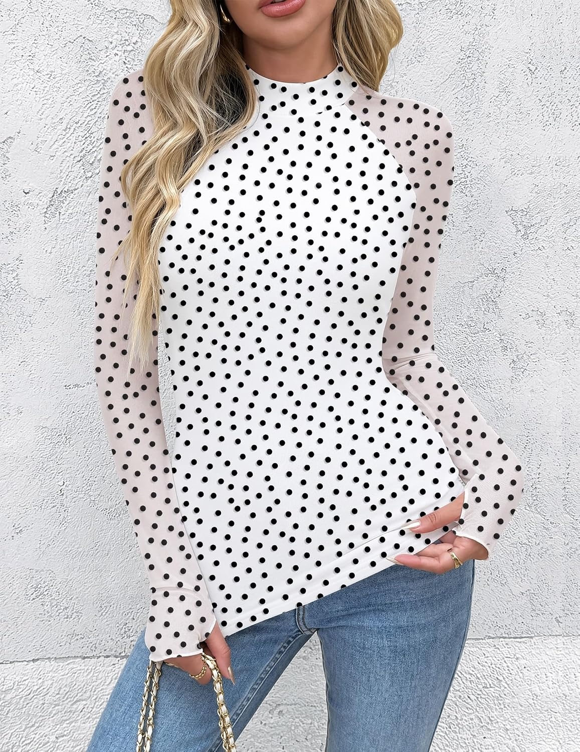 image:imageZeagoo Long Sleeve Shirts for Women Sheer Mesh Top Mock Neck Fitted BlousesJh724