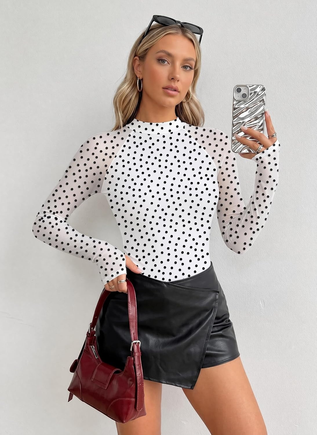 image:imageZeagoo Long Sleeve Shirts for Women Sheer Mesh Top Mock Neck Fitted BlousesJh724