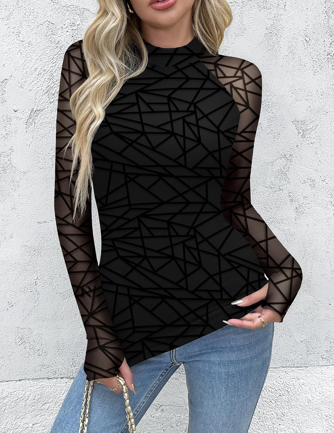image:imageZeagoo Long Sleeve Shirts for Women Sheer Mesh Top Mock Neck Fitted BlousesJh88