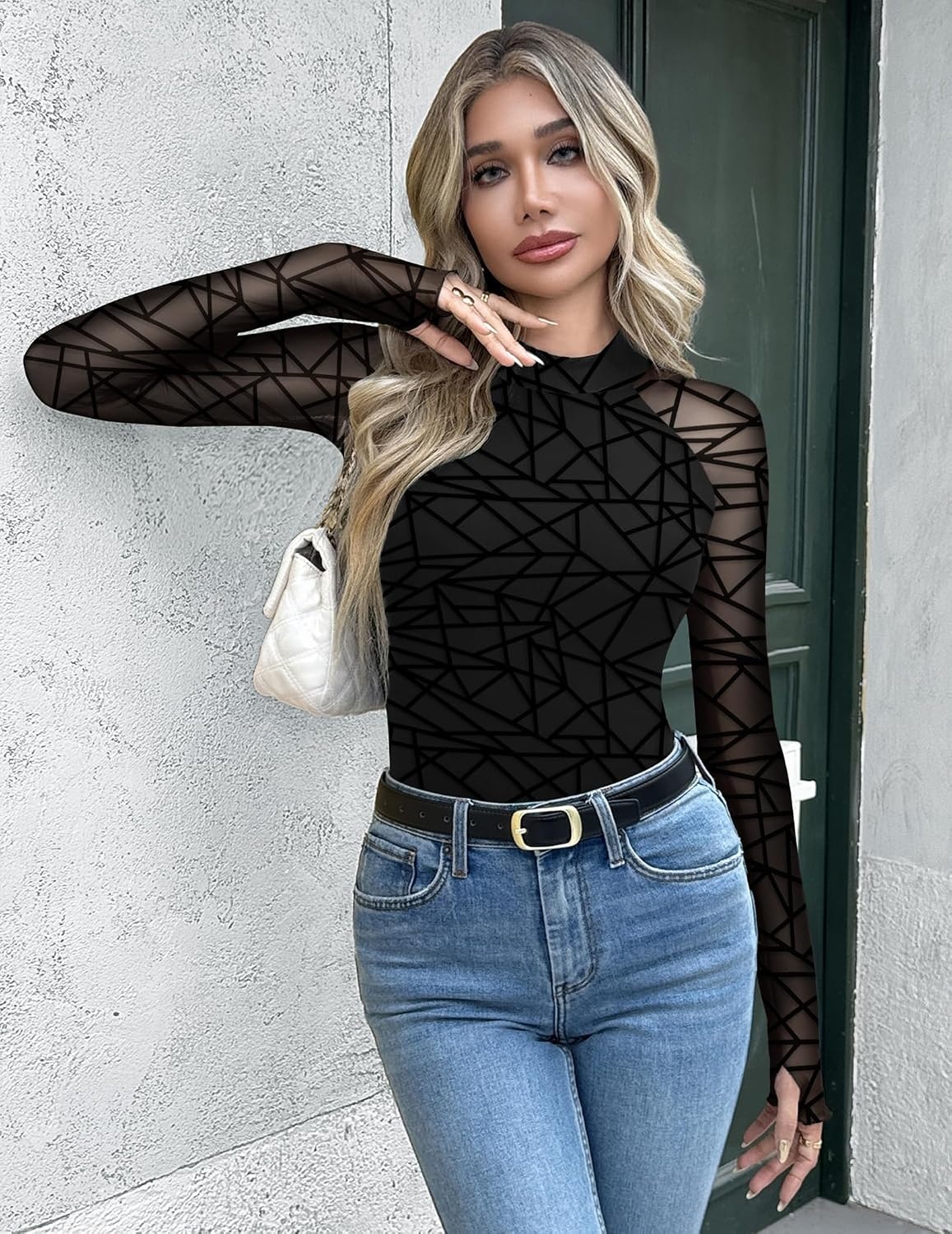 image:imageZeagoo Long Sleeve Shirts for Women Sheer Mesh Top Mock Neck Fitted BlousesJh88