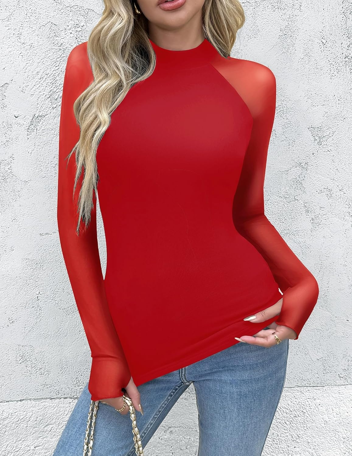 image:imageZeagoo Long Sleeve Shirts for Women Sheer Mesh Top Mock Neck Fitted BlousesPure Red